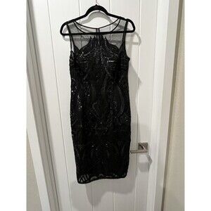 Adrianna Papell Dress 10 Black Sequins Mesh Illusion Bateau Sheath Party Event